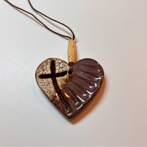 Heart Shaped Clay Pendant With Cross Raku Style Glaze Handmade Signed